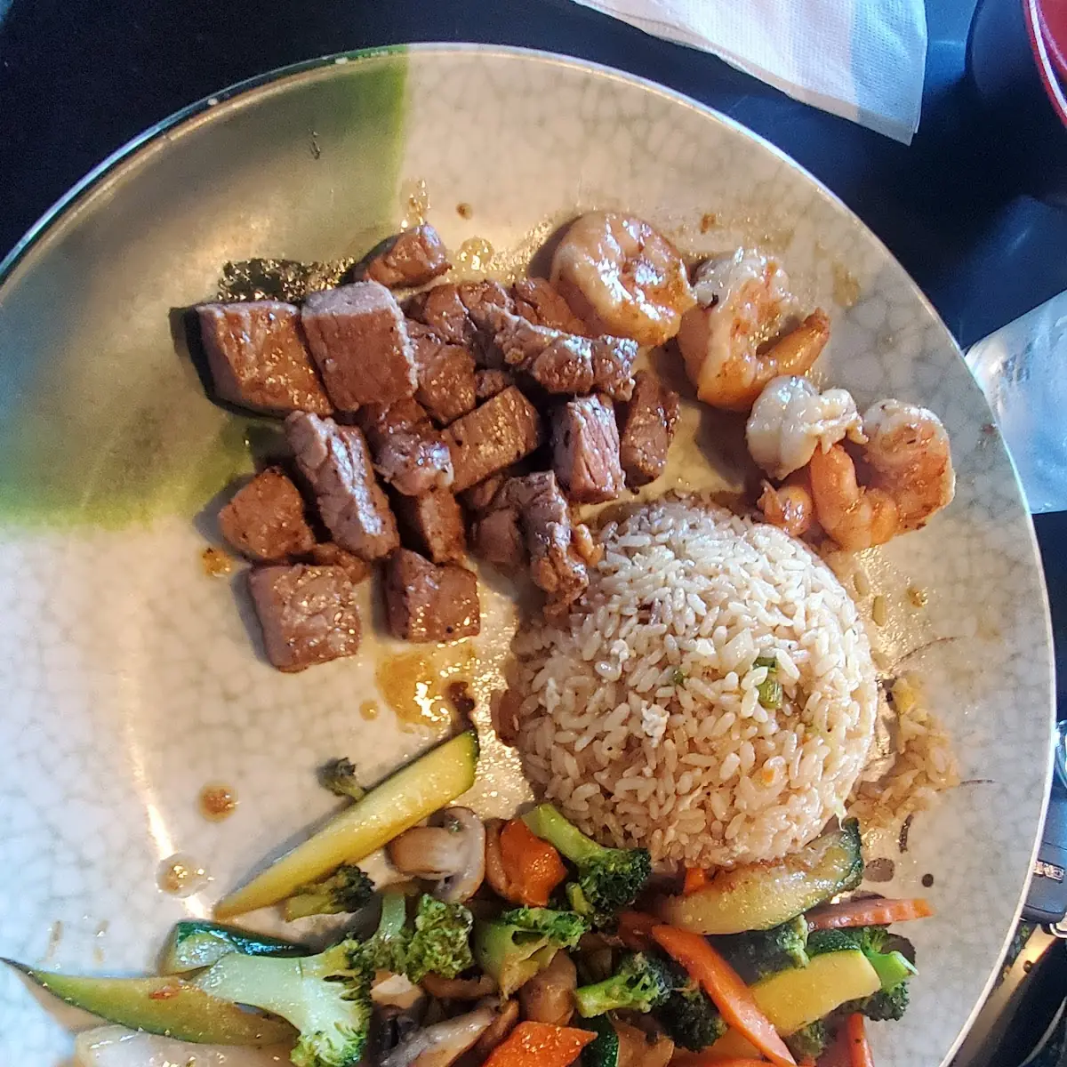 Teppanyaki Steak and Shrimp Fried Rice and Vegetables