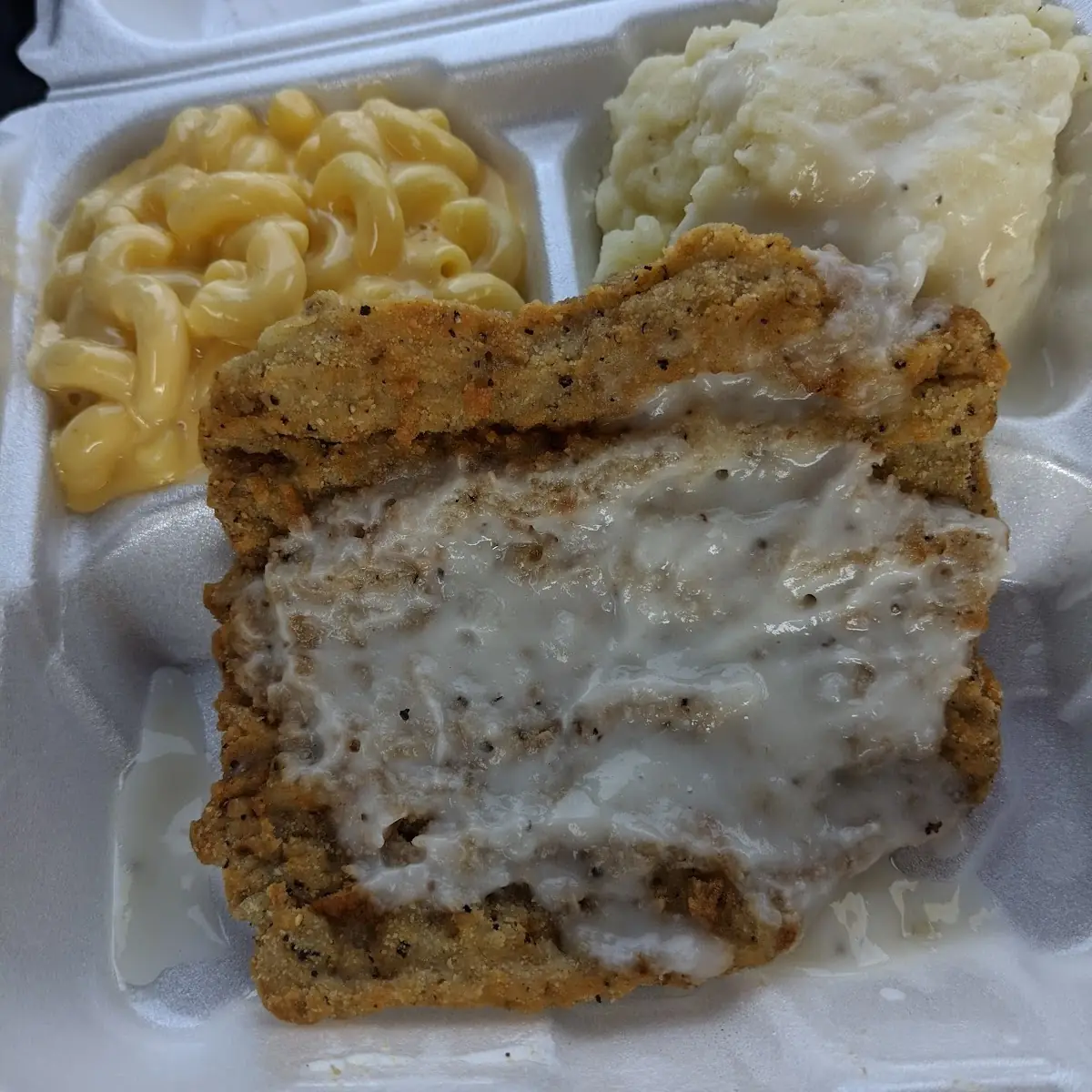 Country Fried Steak Potatoes and Mac and Cheese