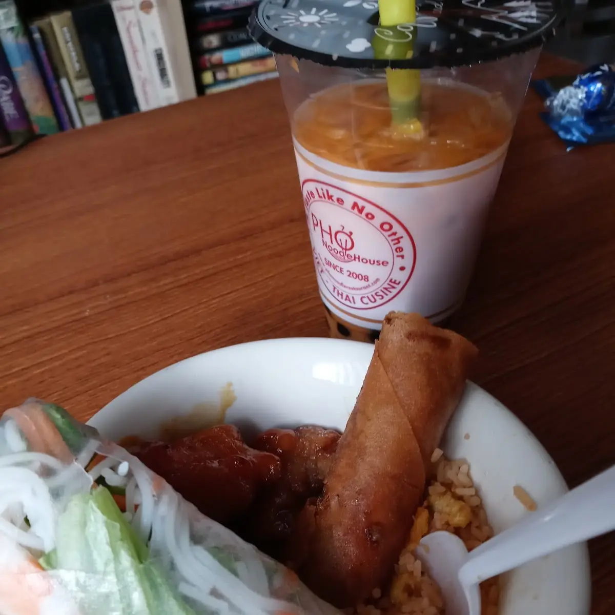 Thai Tea w Boba Spring Roll Egg Roll & Shaken Beef Combo