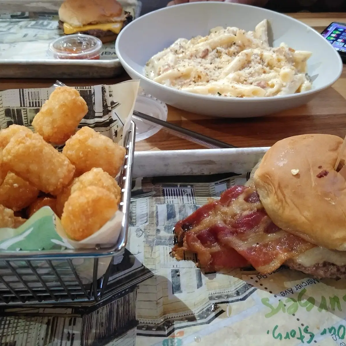 Bacon Cheddar Burger and Tater Tots