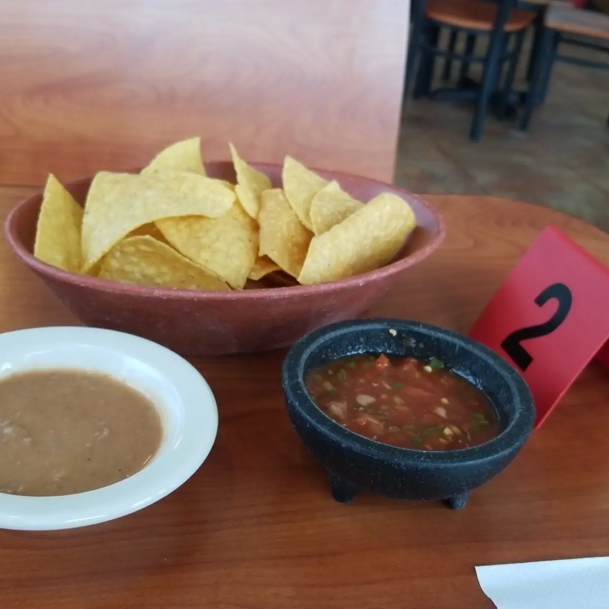 Chips Salsa and Bean Dip
