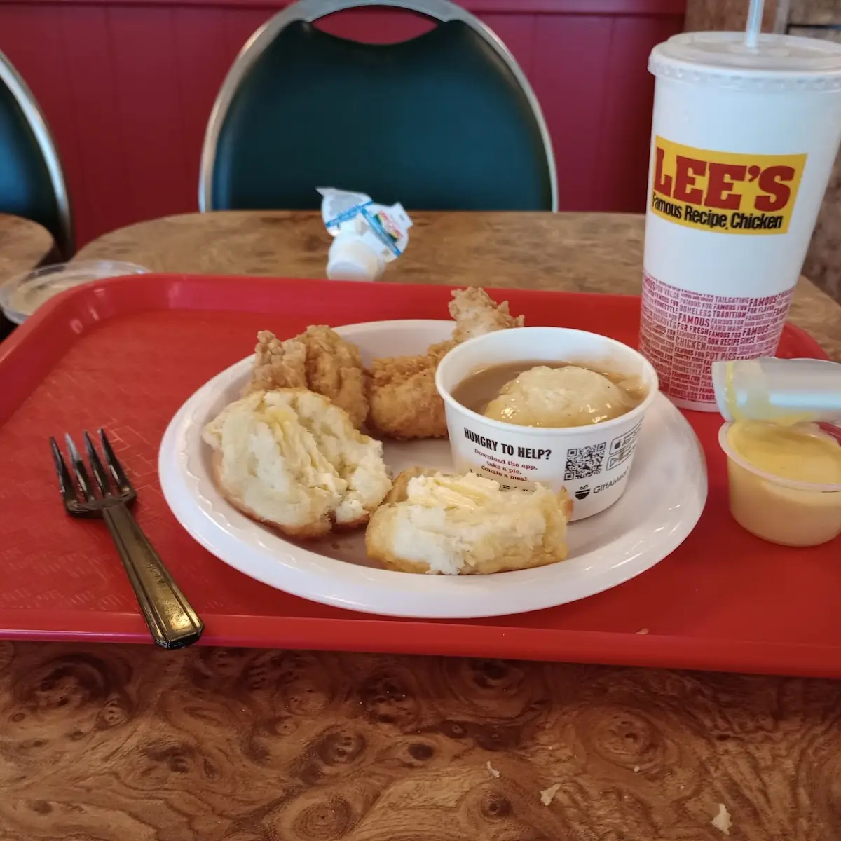 2 PC Chicken Breast Strips with Mashed Potatoes and Gravy Biscuit Honey Mustard Sauce and Diet Pepsi