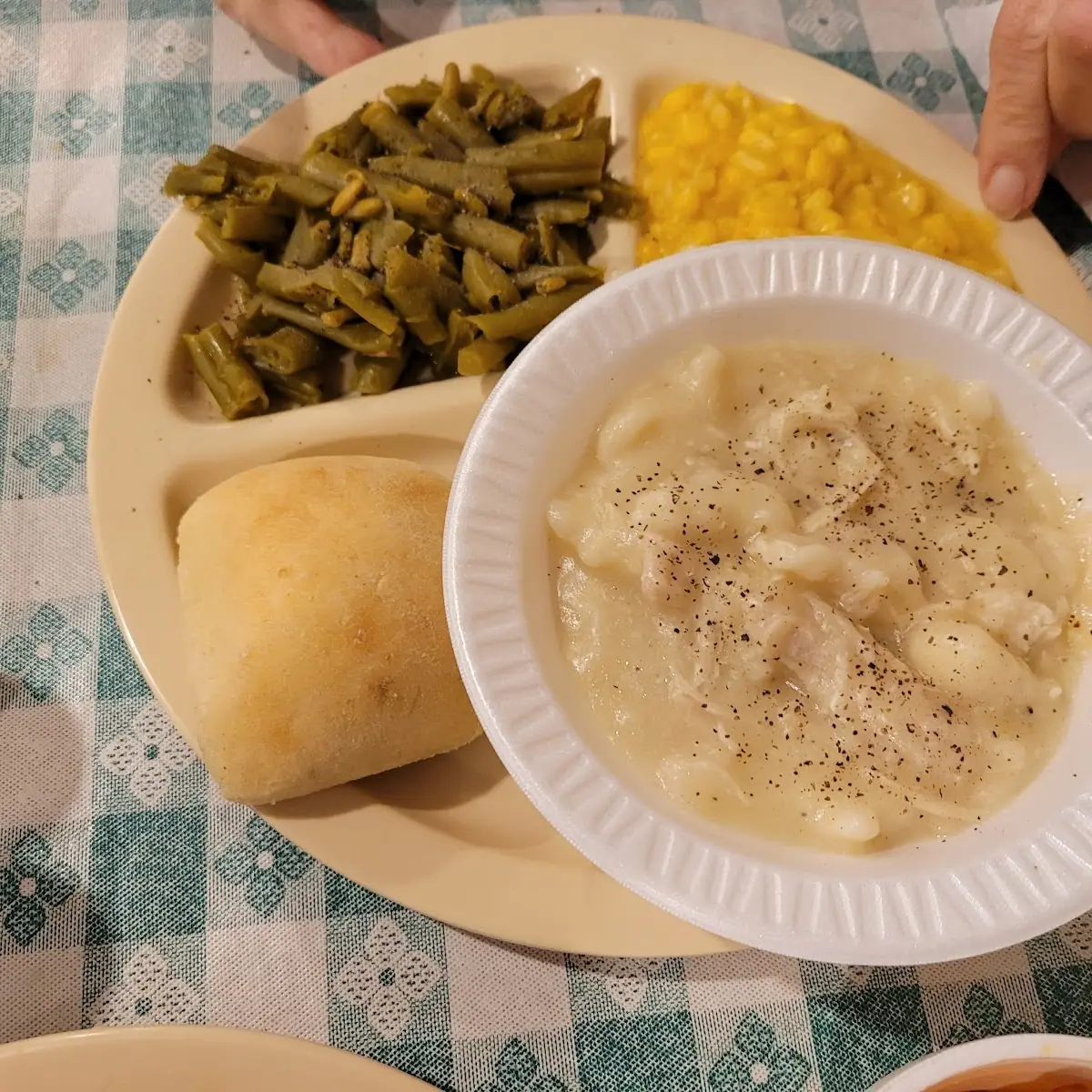 Chicken & Dumplings Corn Green Beans and Roll Dinner