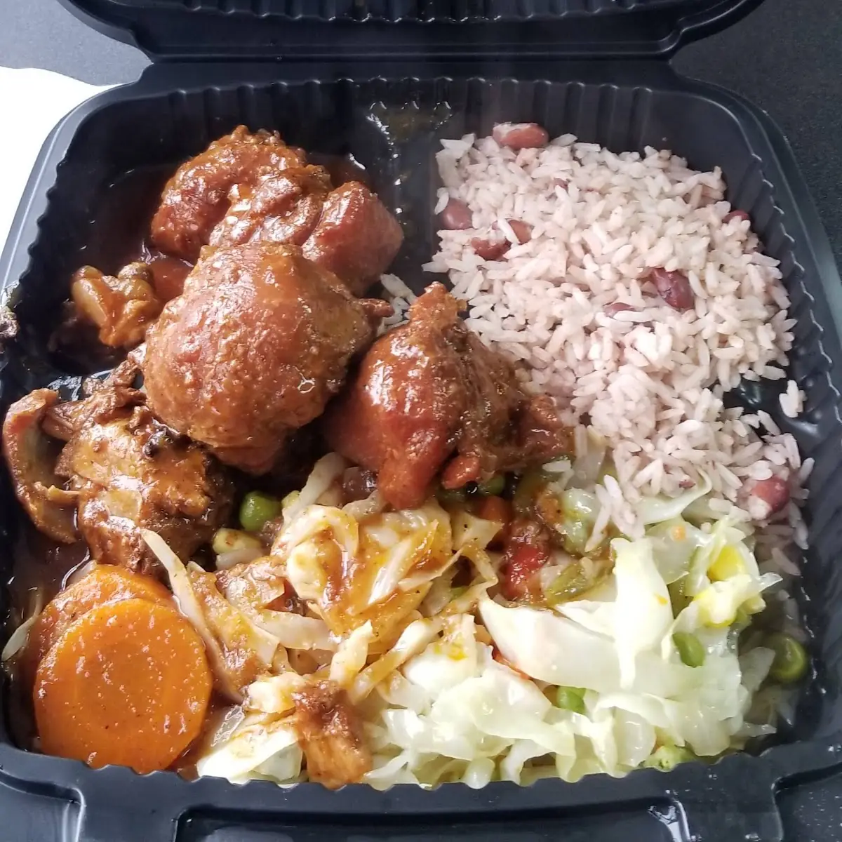 Brown Stew Chicken Rice and Peas Cabbage