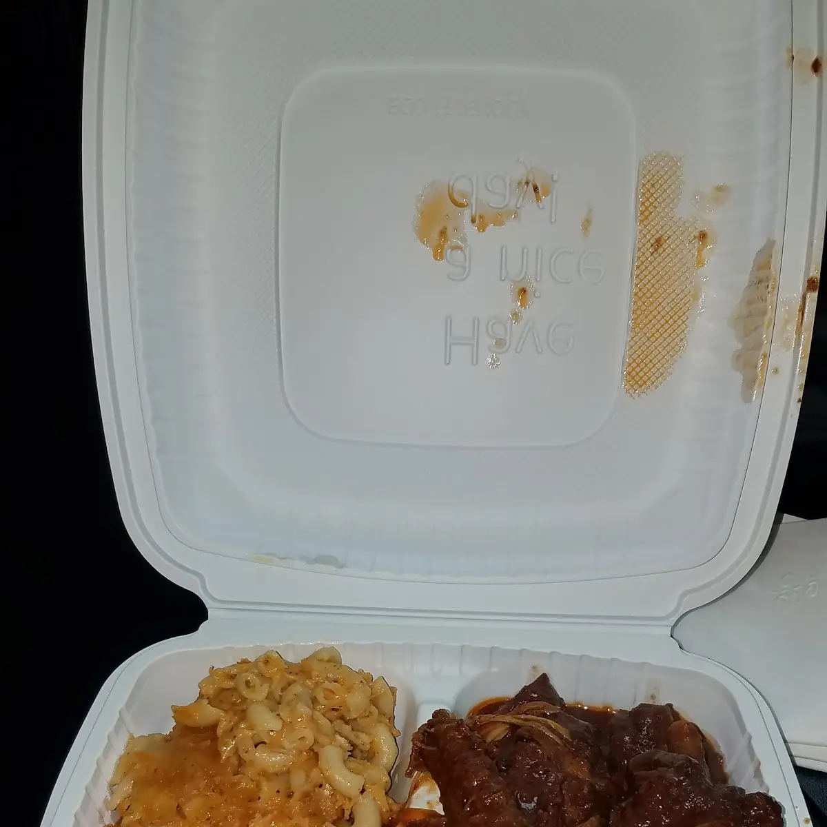 Brown Stew Chicken Rice Peas and Mac & Cheese