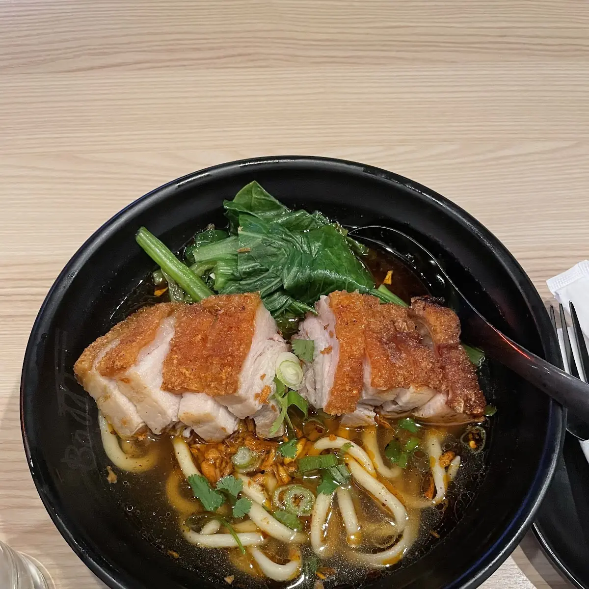Hand Pulled Noodle Soup with Crispy Pork and Bok Choy