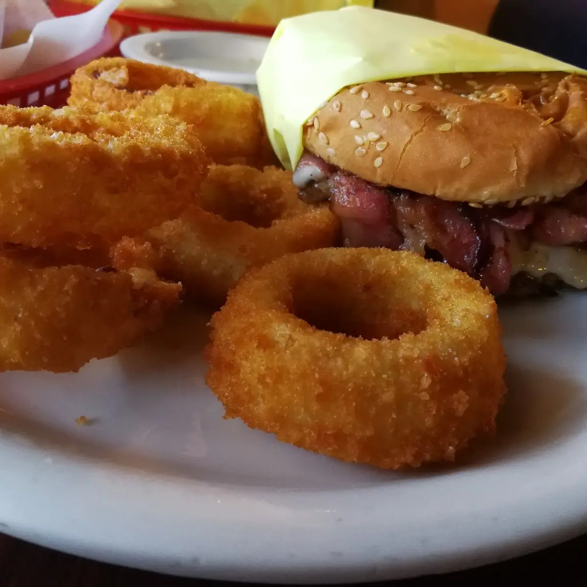 Pastrami Burger with Onion Rings