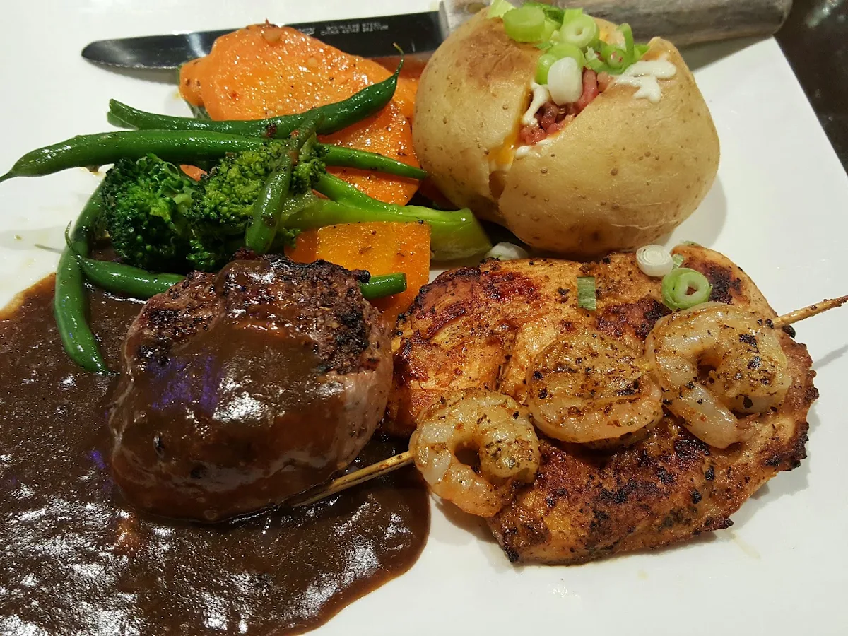 Bacon Wrapped Steak with Chicken and Shrimp Skewers, Wixan's Bridge Restaurant