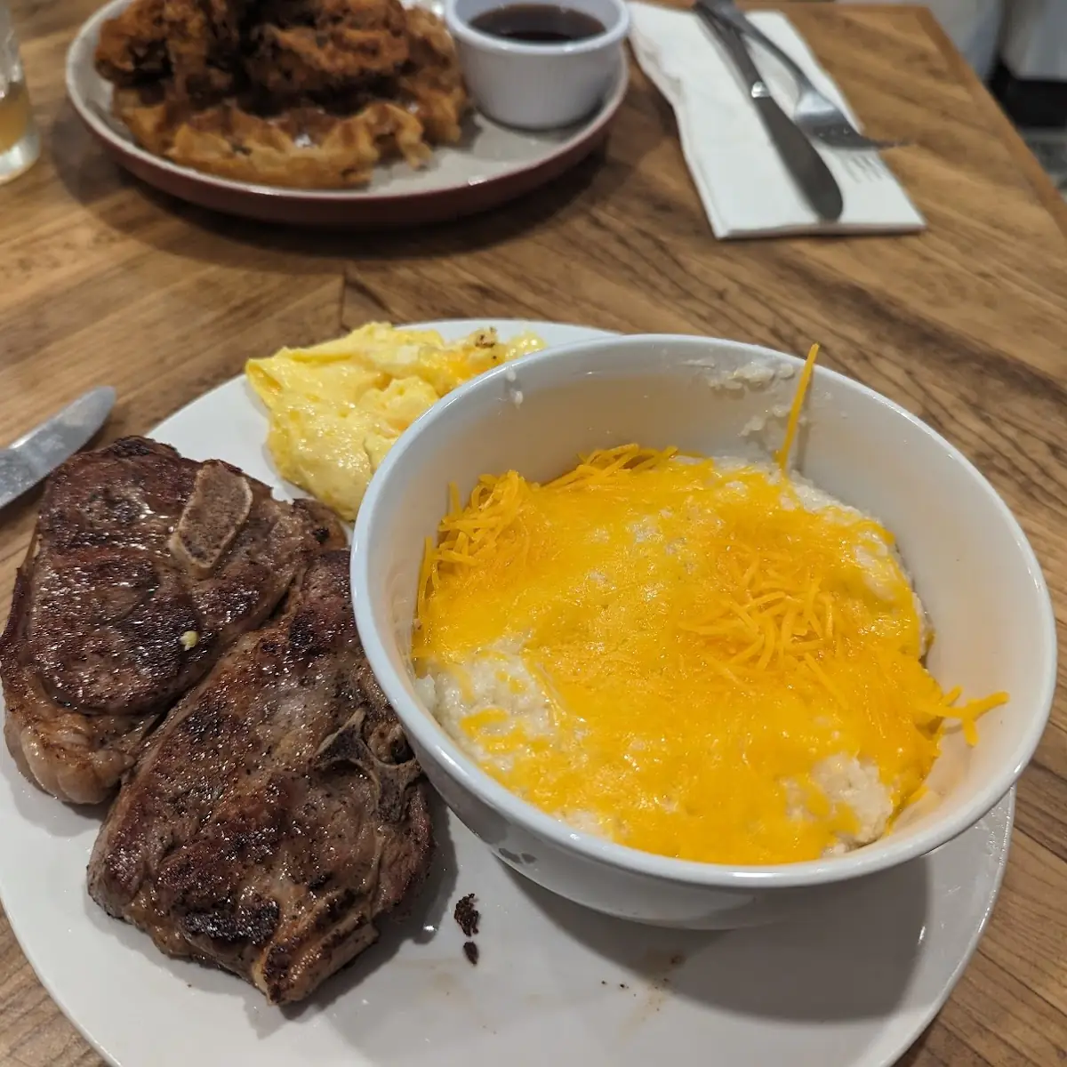 Lamb Chops Eggs and Cheese Grits