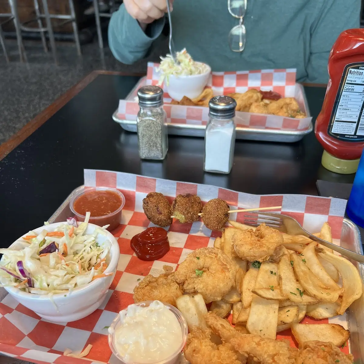 Fried Shrimp with Chips and Cole Slaw and Hush Puppies