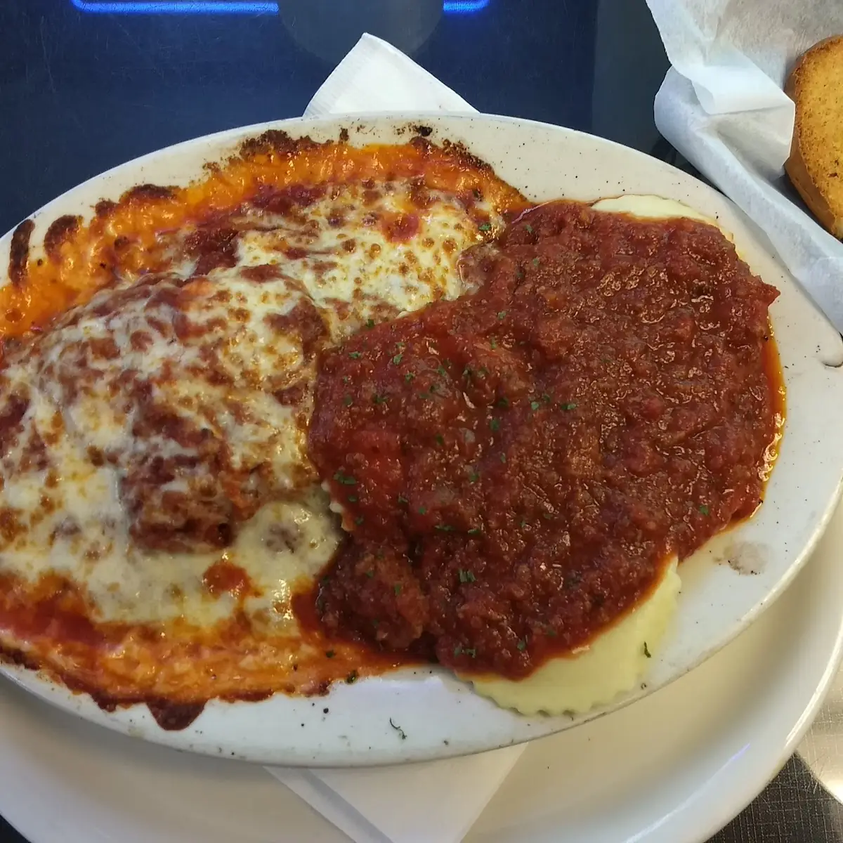 Half Lasagna Half Cheese Ravioli with Meat Sauce
