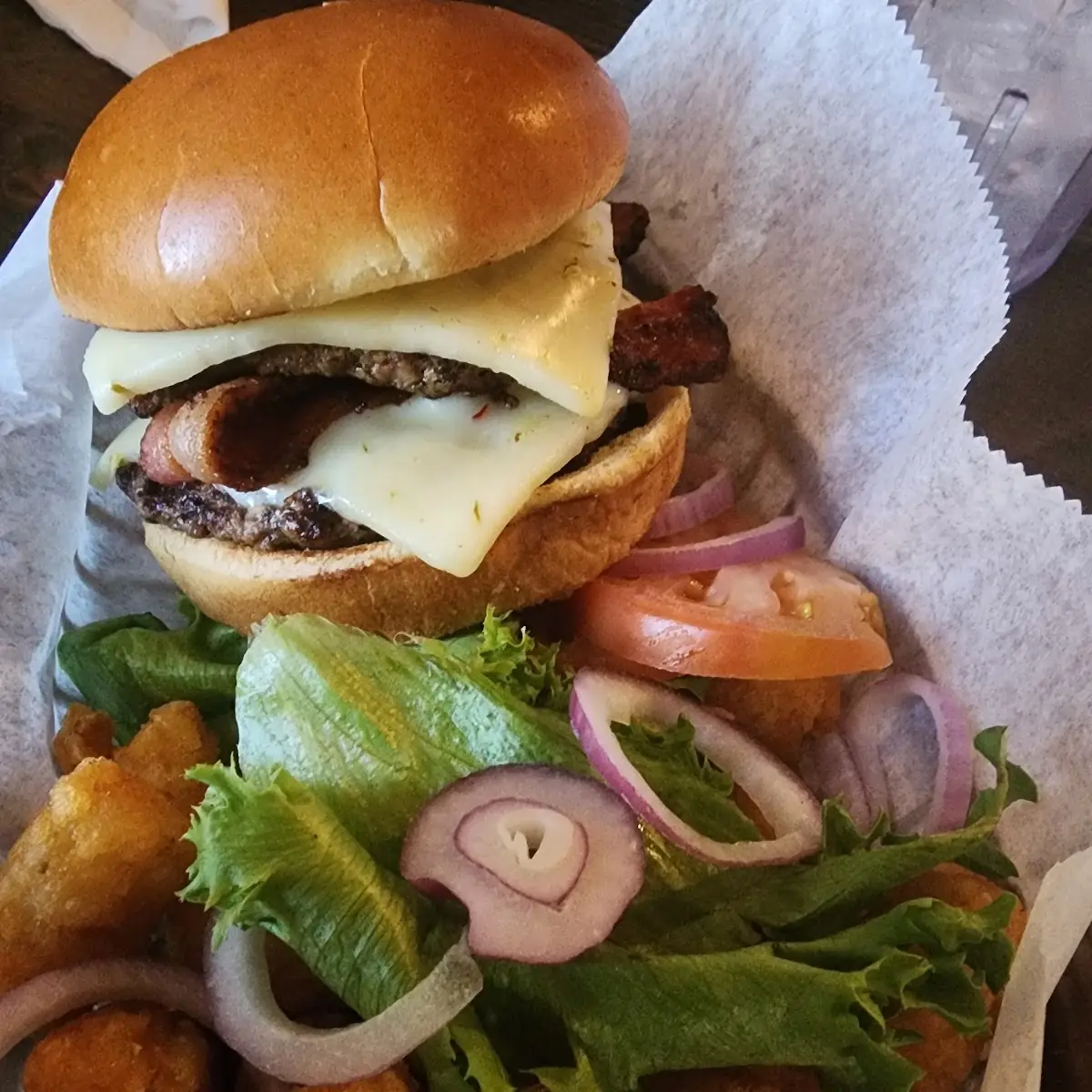 Double Cheeseburger with Bacon and Tots