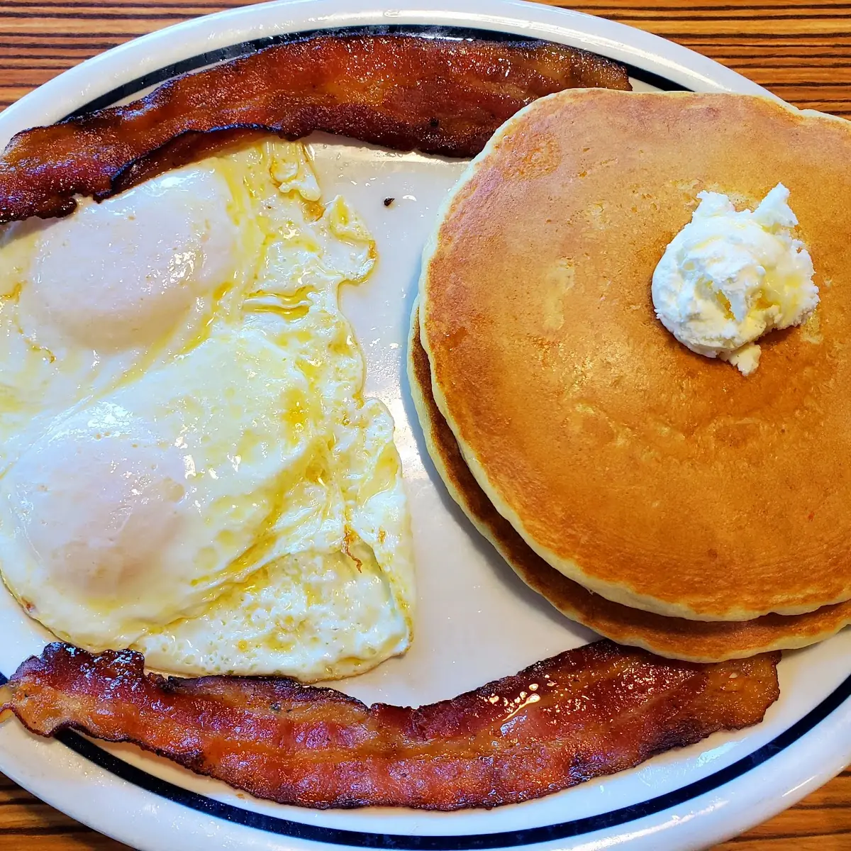 Sausage Links Bacon Hash Browns Scrambled Eggs with Pancakes