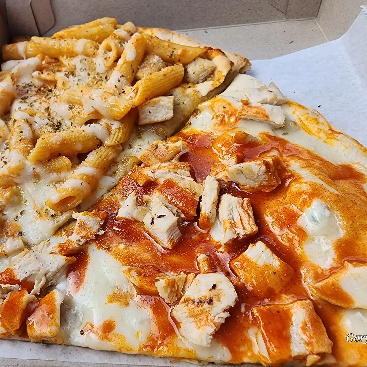 Buffalo Chicken Pizza Slice and Chicken Alfredo Pizza Slice