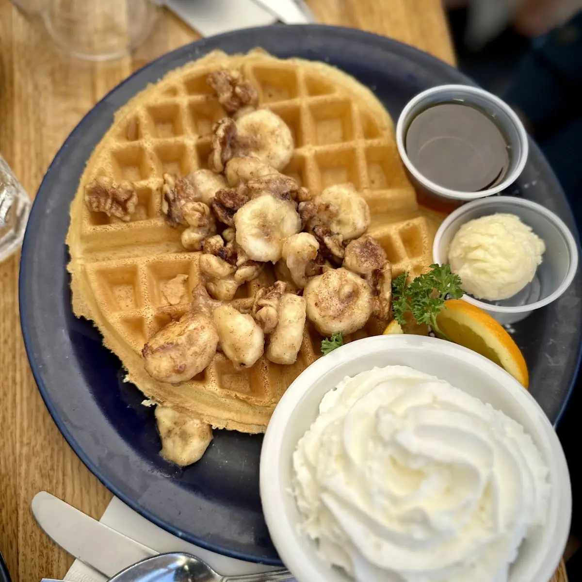 Belgian Waffle with Grilled Bananas and Walnuts