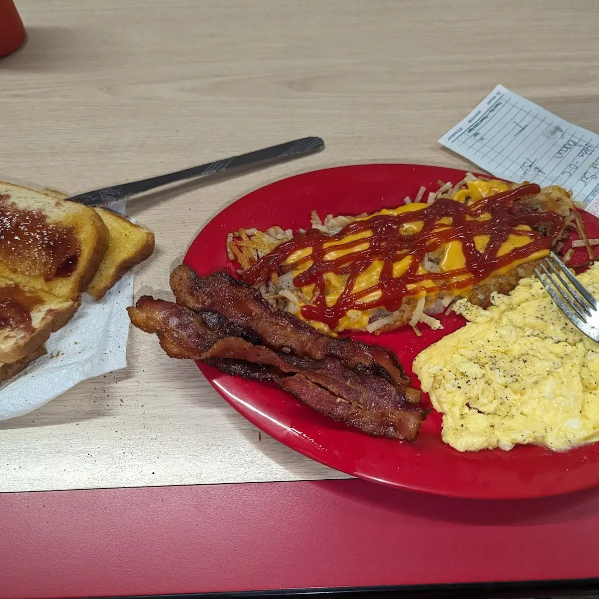 Bacon Scrambled Egg Sauce Hash Browns with Onion and Cheese Buttered Toast