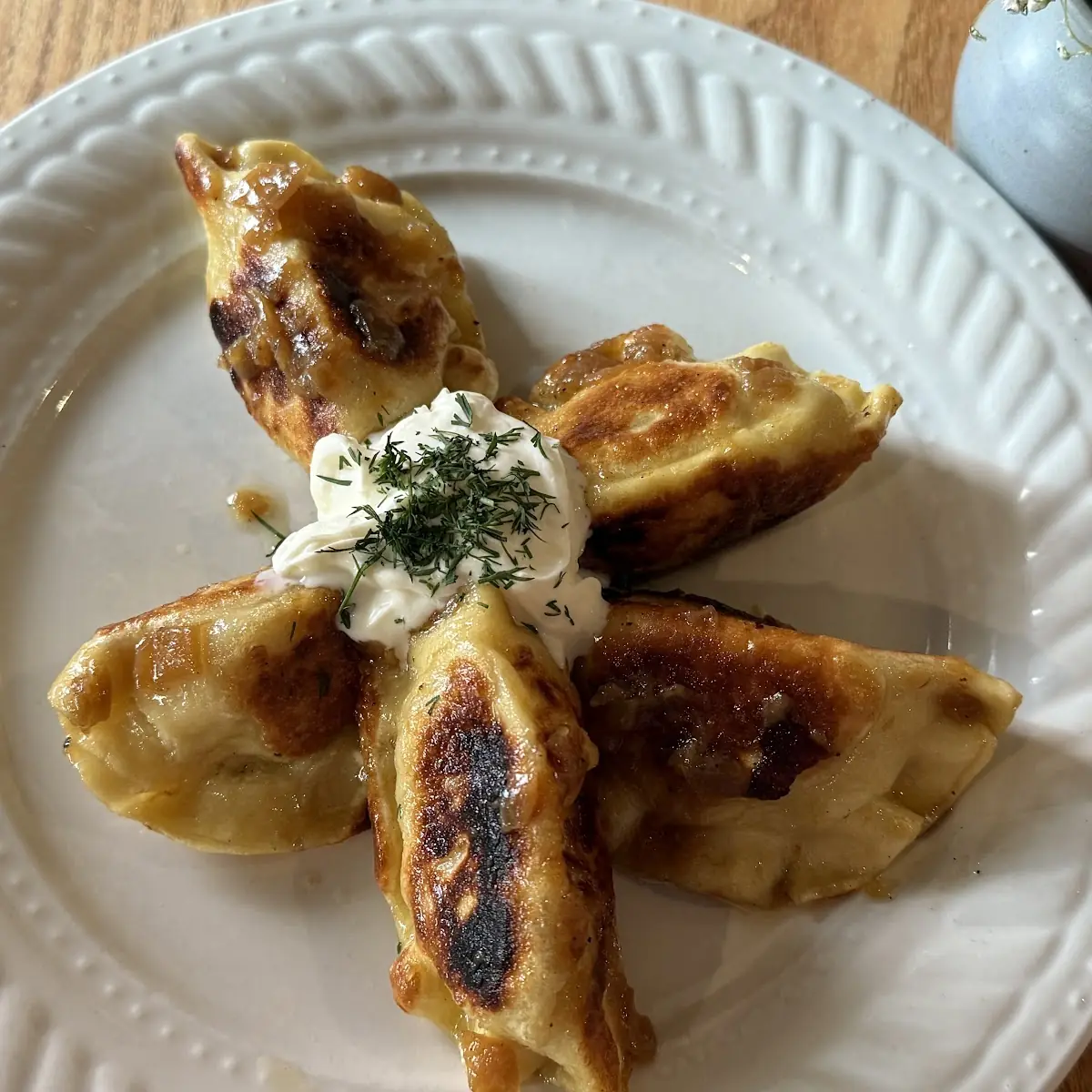 Pan Fried Pierogi with Sour Cream
