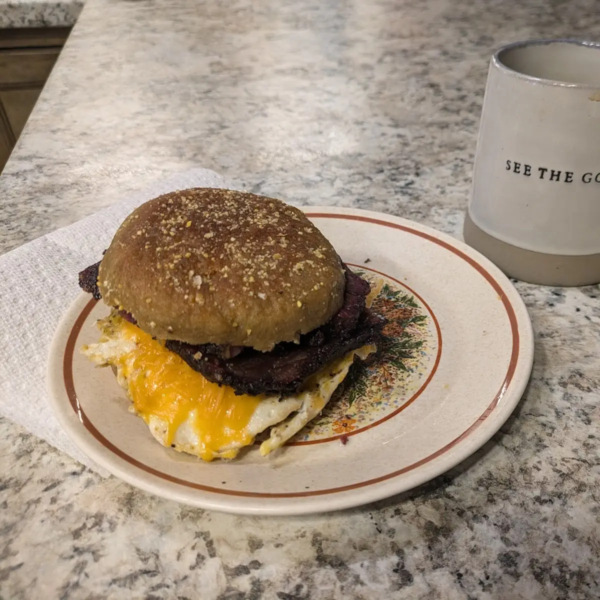 That's a Michael's Sweet Potato Muffin with Egg Cheddar and Brisket