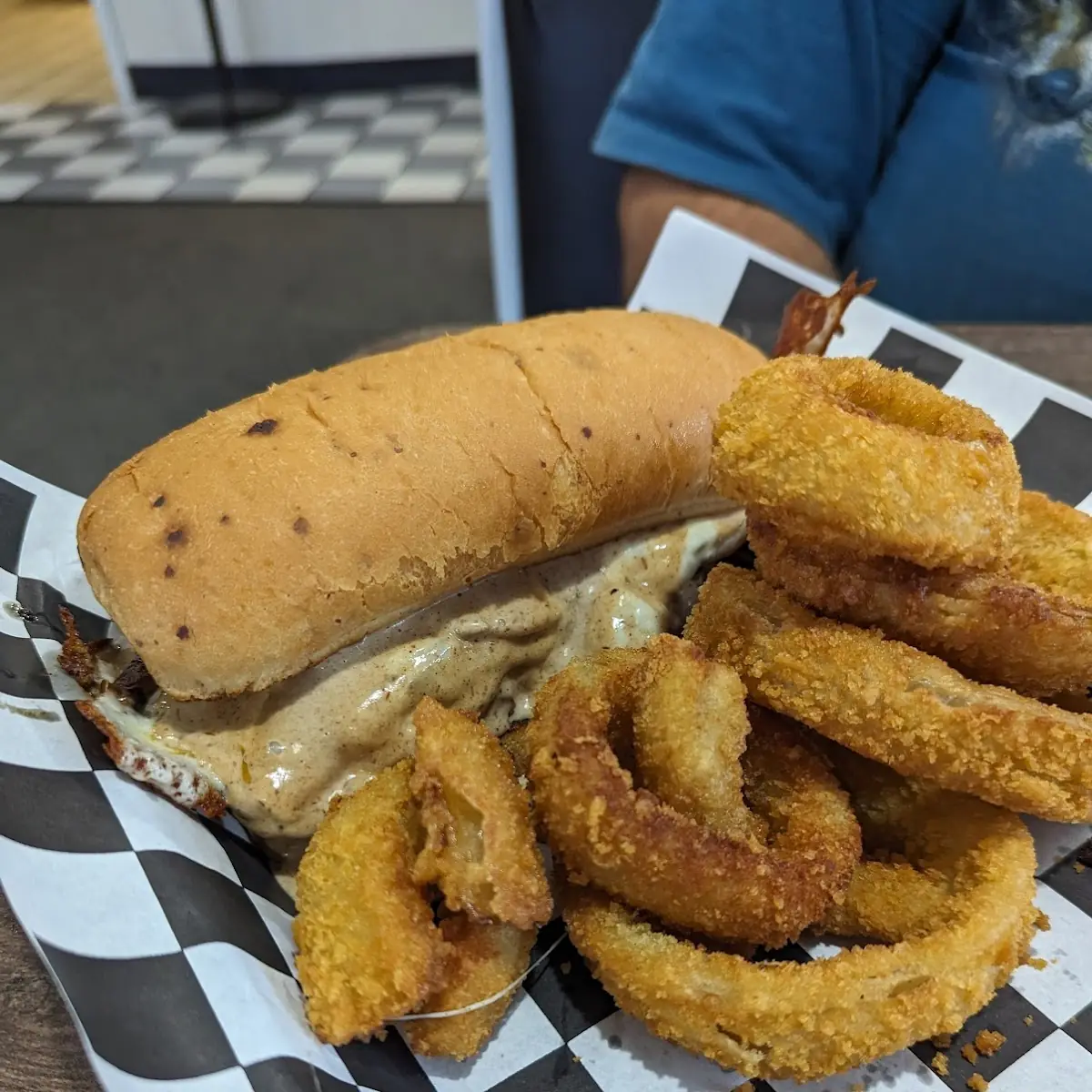 Steak Sandwich with Onion Rings