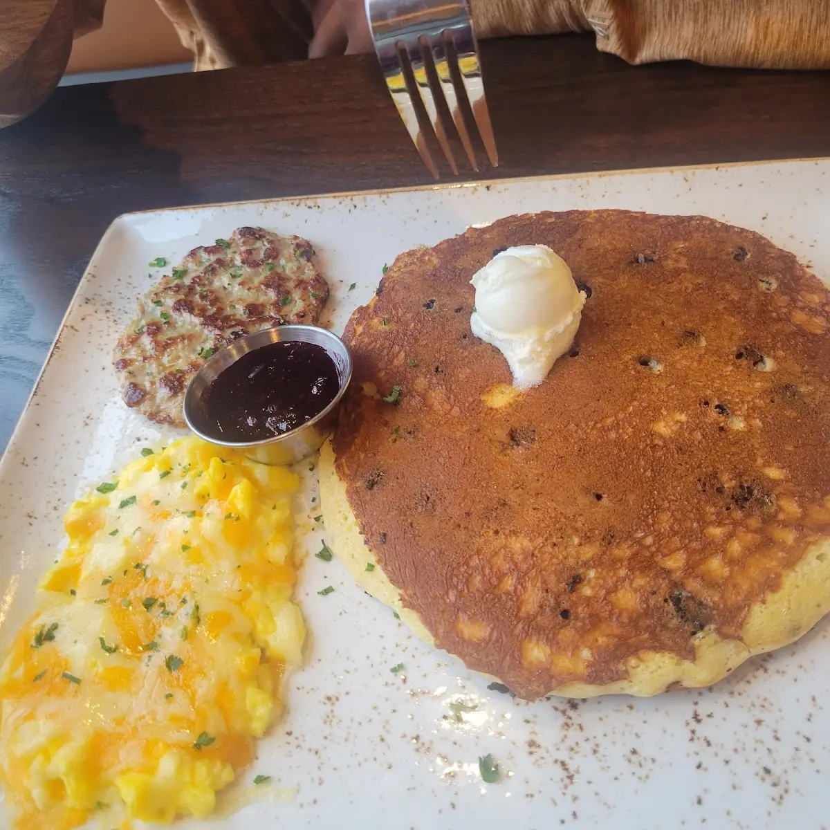 Blueberry Pancakes with Cheese Eggs and Bacon
