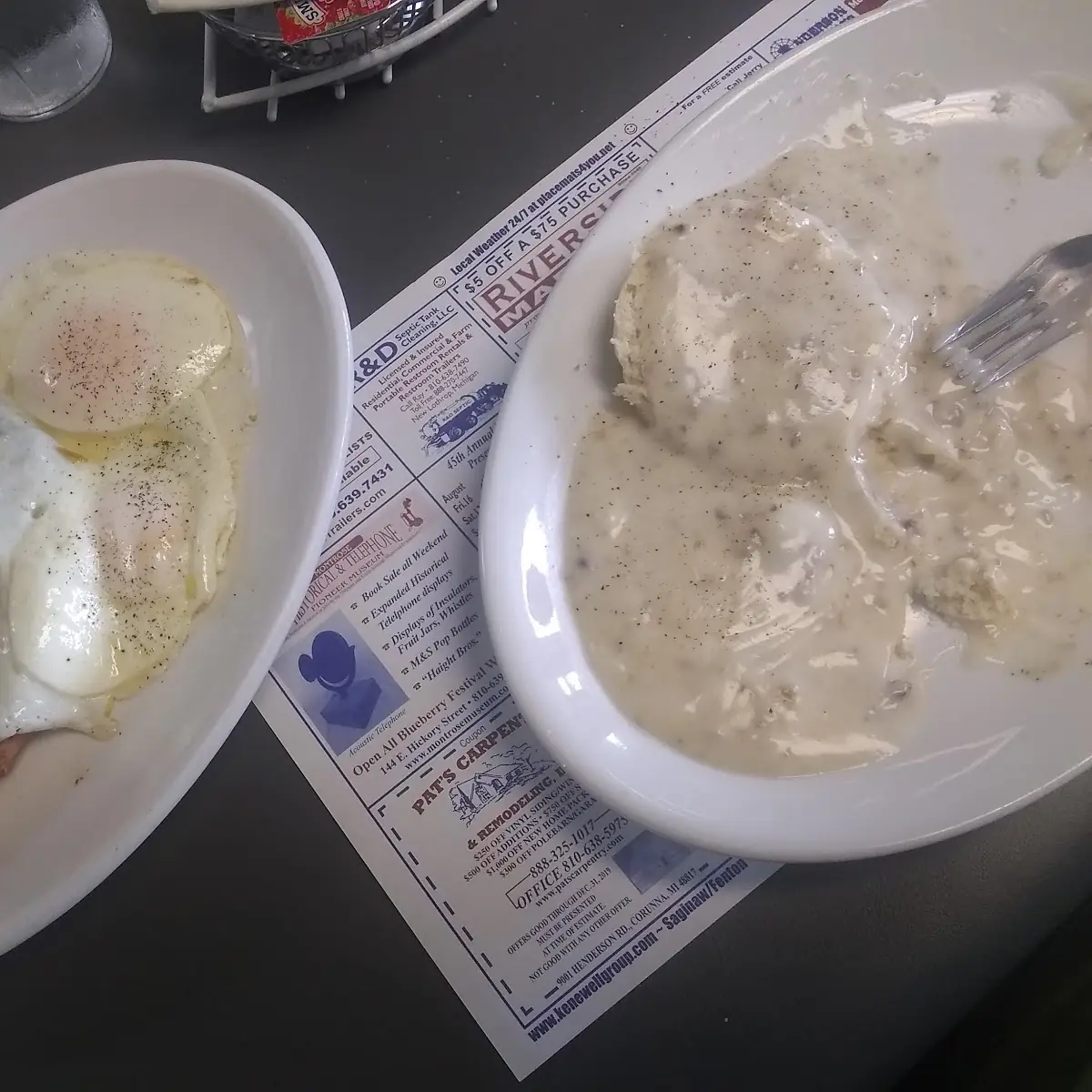 Biscuits and Gravy and Egg's Sausage Toast and Corned Beef Hash