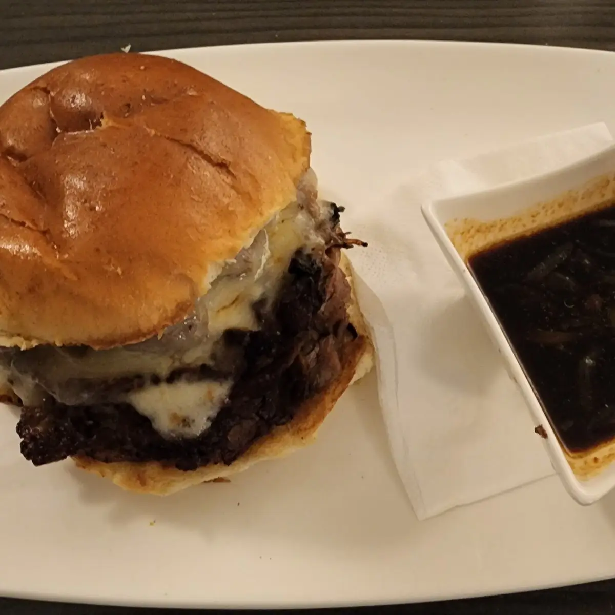 Pulled Pork Sandwich with Cheese and Au Jus