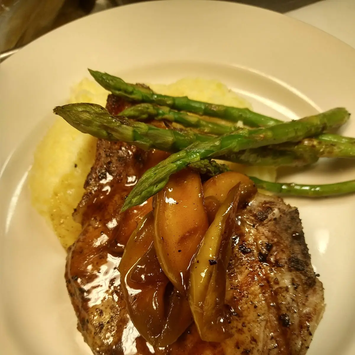 Grilled Pork Chop with Bourbon Glazed Apple N Mashed Potatoes