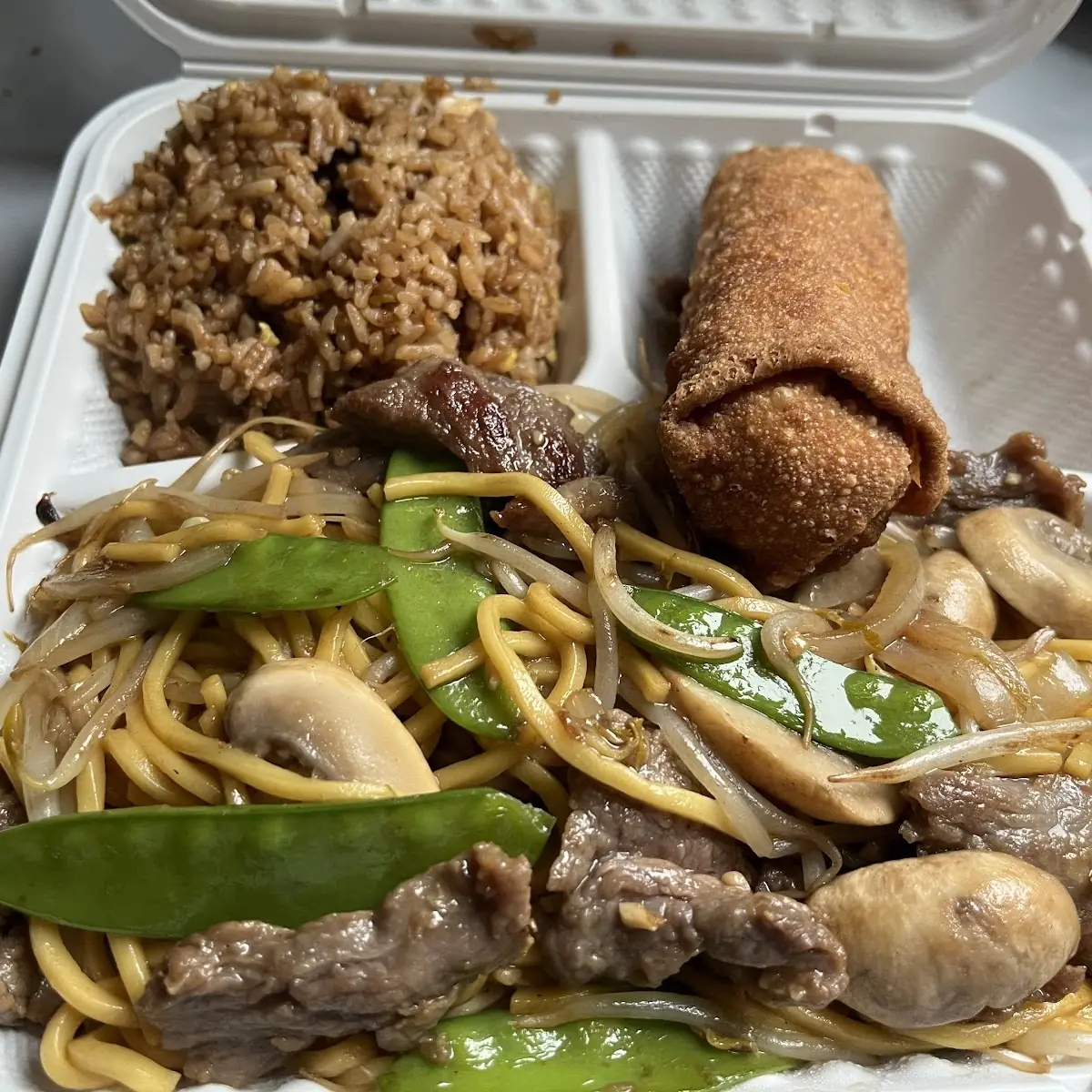 Beef Lo Mein with Fried Rice and Egg Roll
