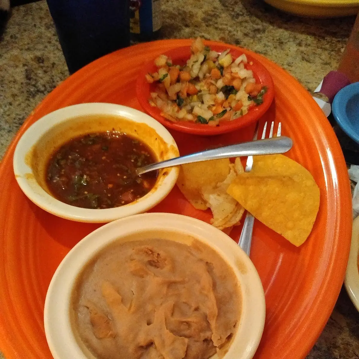 Chips Refried Beans Salsa and Fajitas