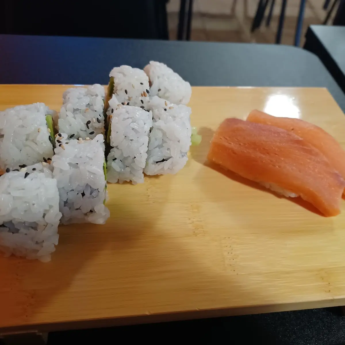 Smoked Salmon Nigiri and Yellowtail Roll