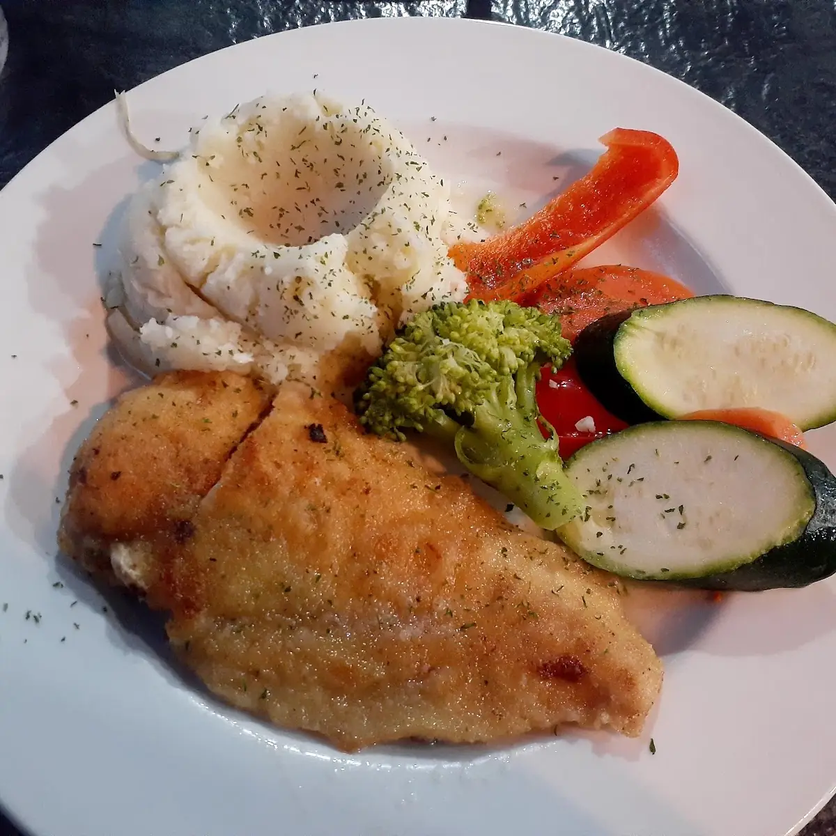 Chicken Piccata and Mash Potatoes with Veggies, Scuttlebutt Tap & Eatery