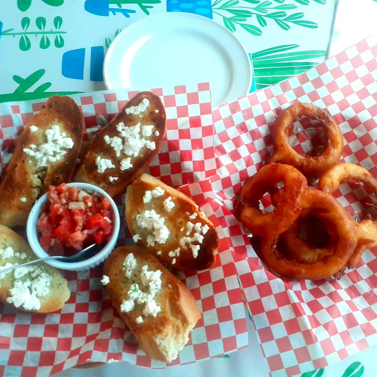 Feta Bruschetta and Onions Rings, Scuttlebutt Tap & Eatery