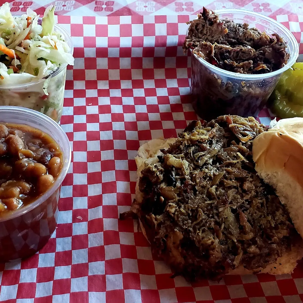 2 Meat Platter Pulled Pork Brisket Added Burnt Ends w Mac N Cheese & Potato Salad