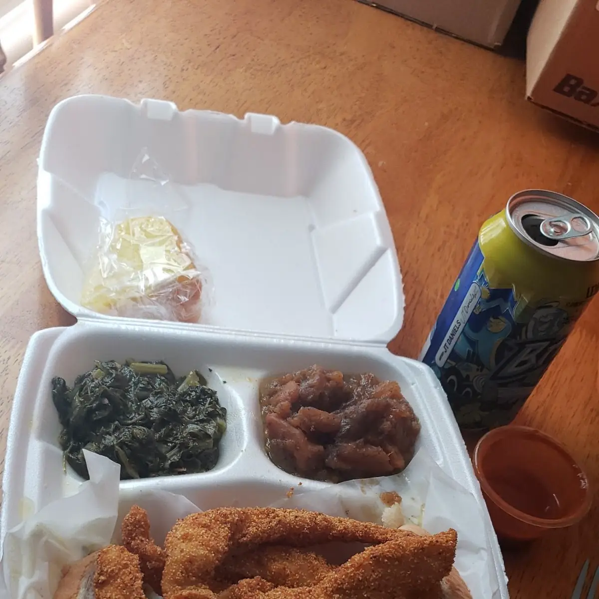 Friday Lunch Special- Fried Fish Greens Sweet Potatoes & Lemon Cake