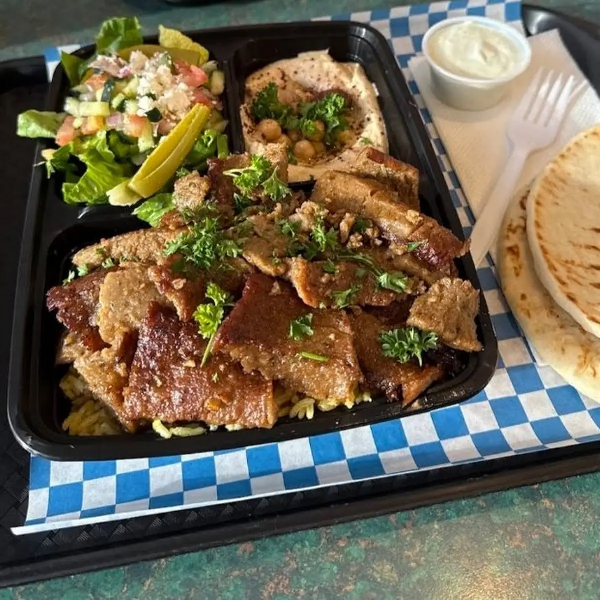 Chicken over Rice with Hummus and Salad