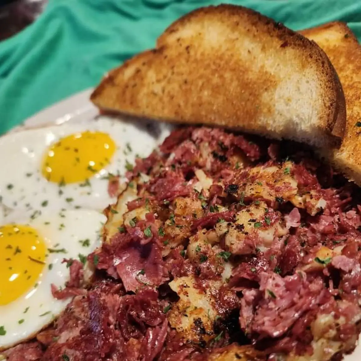 Eggs Toast and Corned Beef Hash