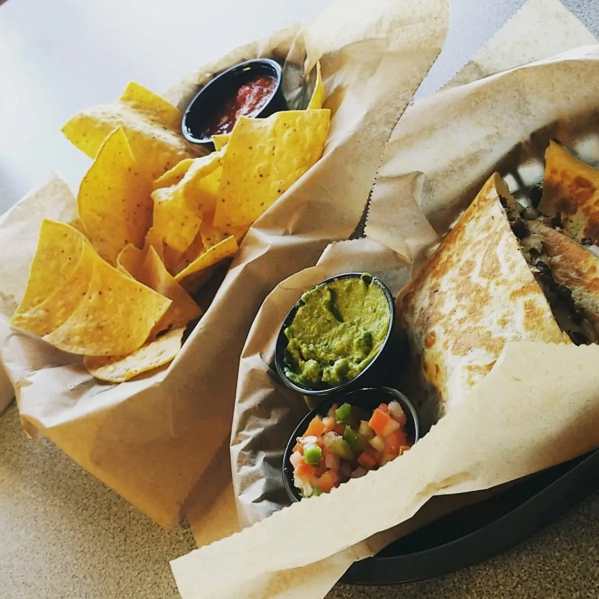Steak Quesadilla Chips & Salsa with Horchata