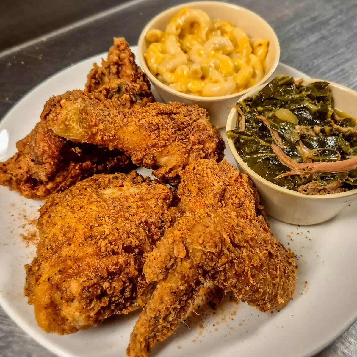 Fried Chicken Dinner with Collard Greens