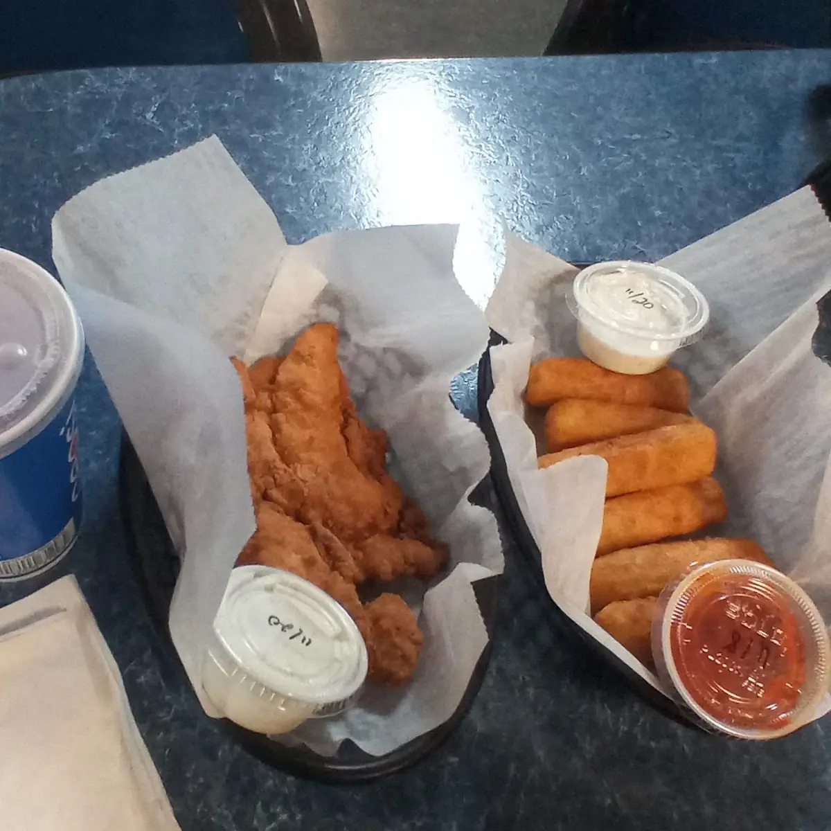 Chicken Strips and Mozzarella Sticks and Root Beer