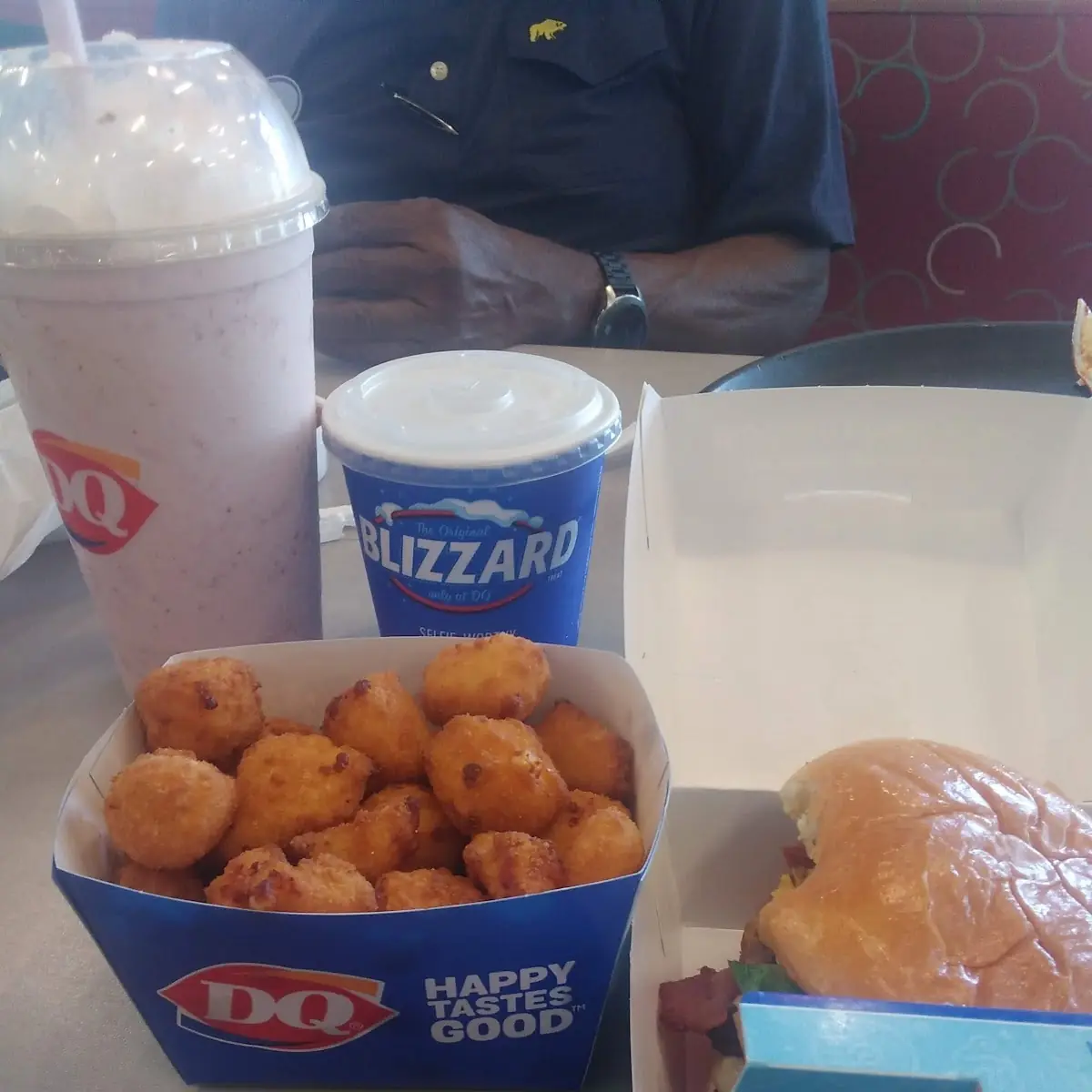 Large Strawberry Milk Shake Cheese Curds and Double Bacon Ranch and Cheese Burger