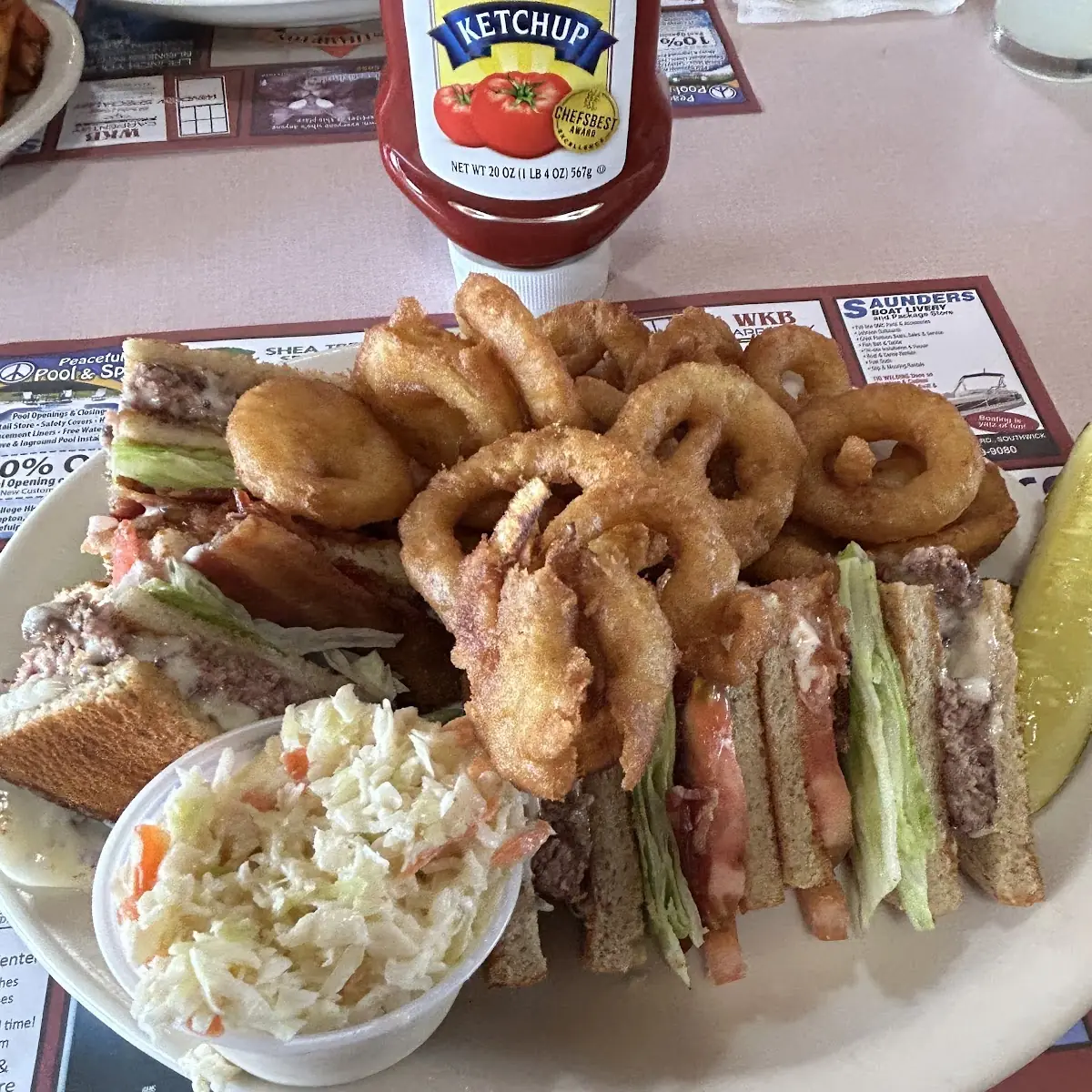Triple Bacon and Cheese Burger with Onion Rings