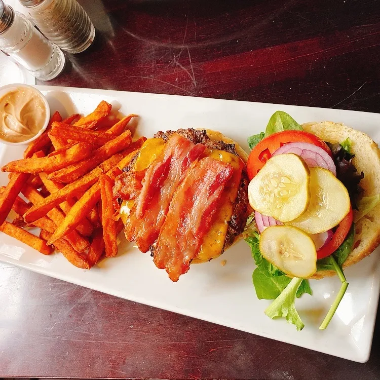 Burger with Bacon & Cheese, The Beach Lakefront Bar & Grill