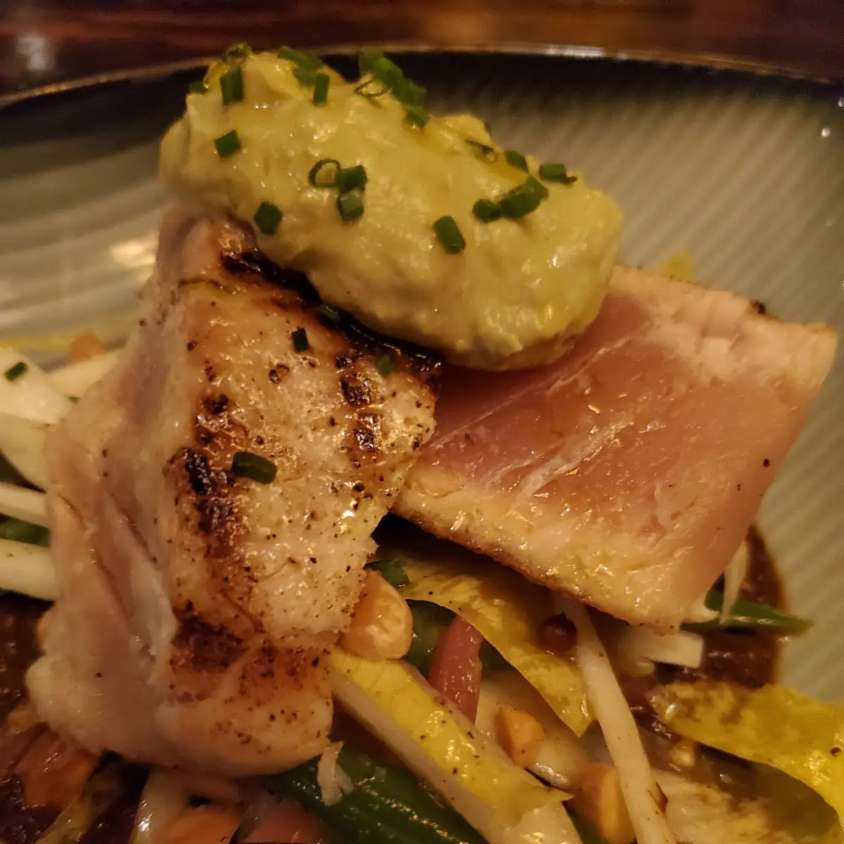 Pan Roasted Black Cod with Parsnip Purée Vegetable Pakoras Cauliflower and Champagne Beurre Blanc