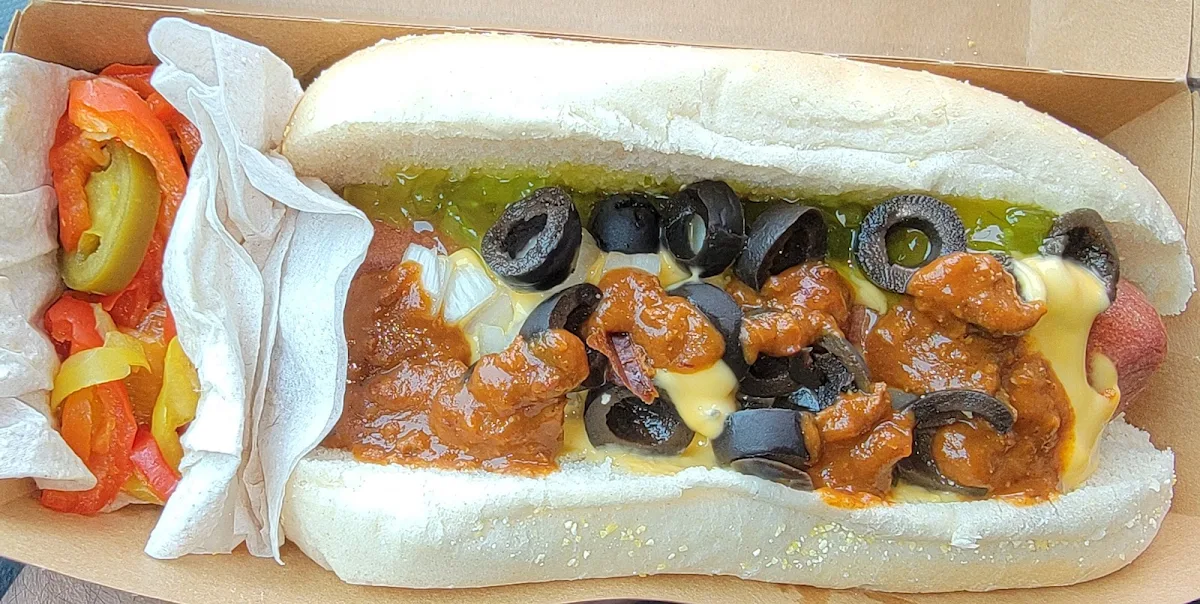 Chili Dog with Cheese and Olives