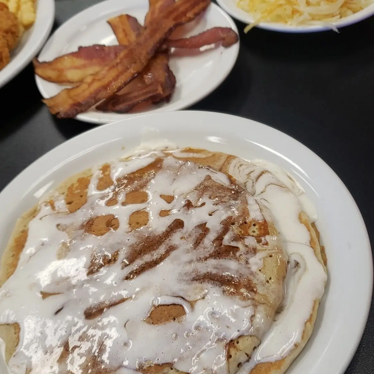Cinnamon Roll Pancake Side of Bacon