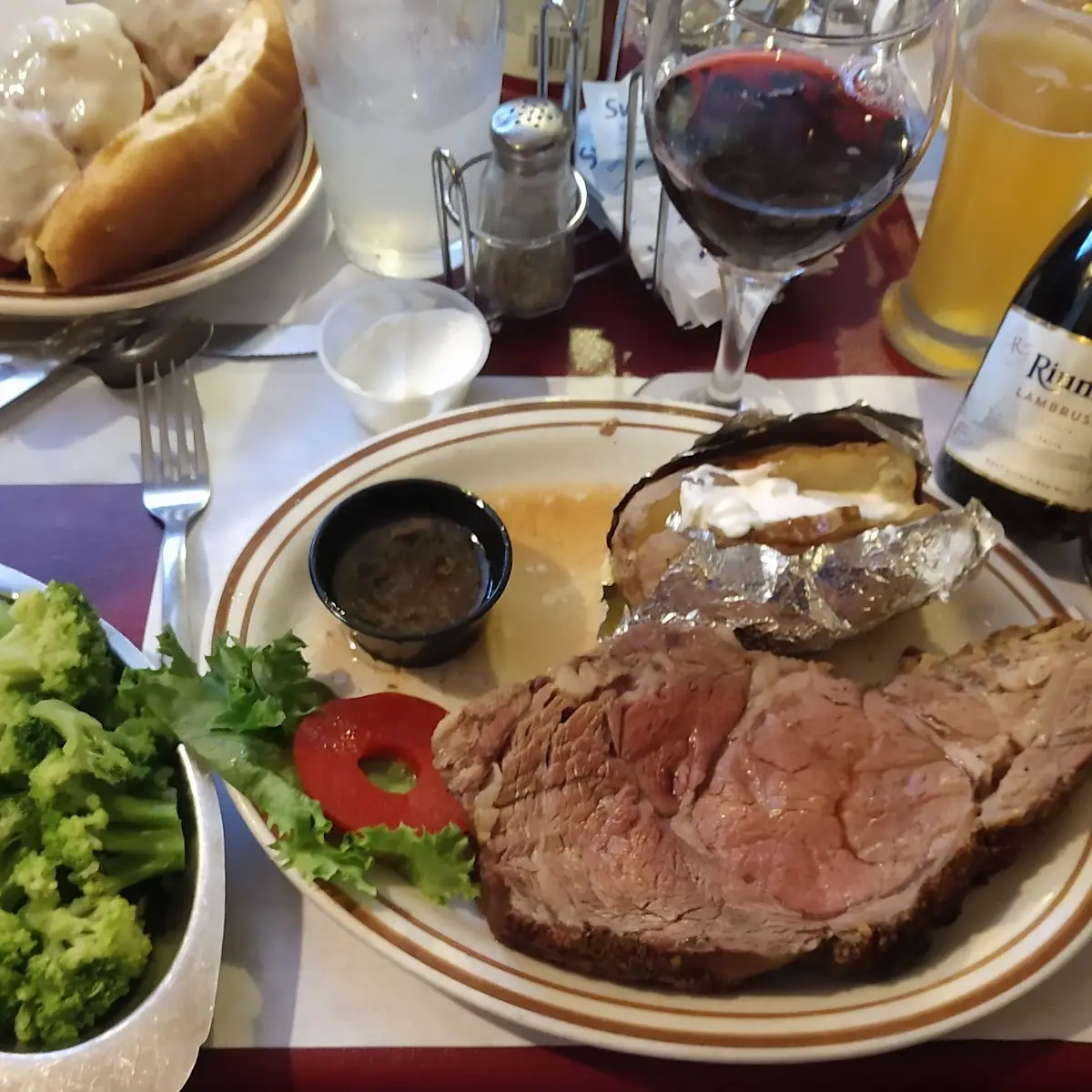 Petite Prime Rib with Baked Potato and Broccoli and Lambrusco Wine