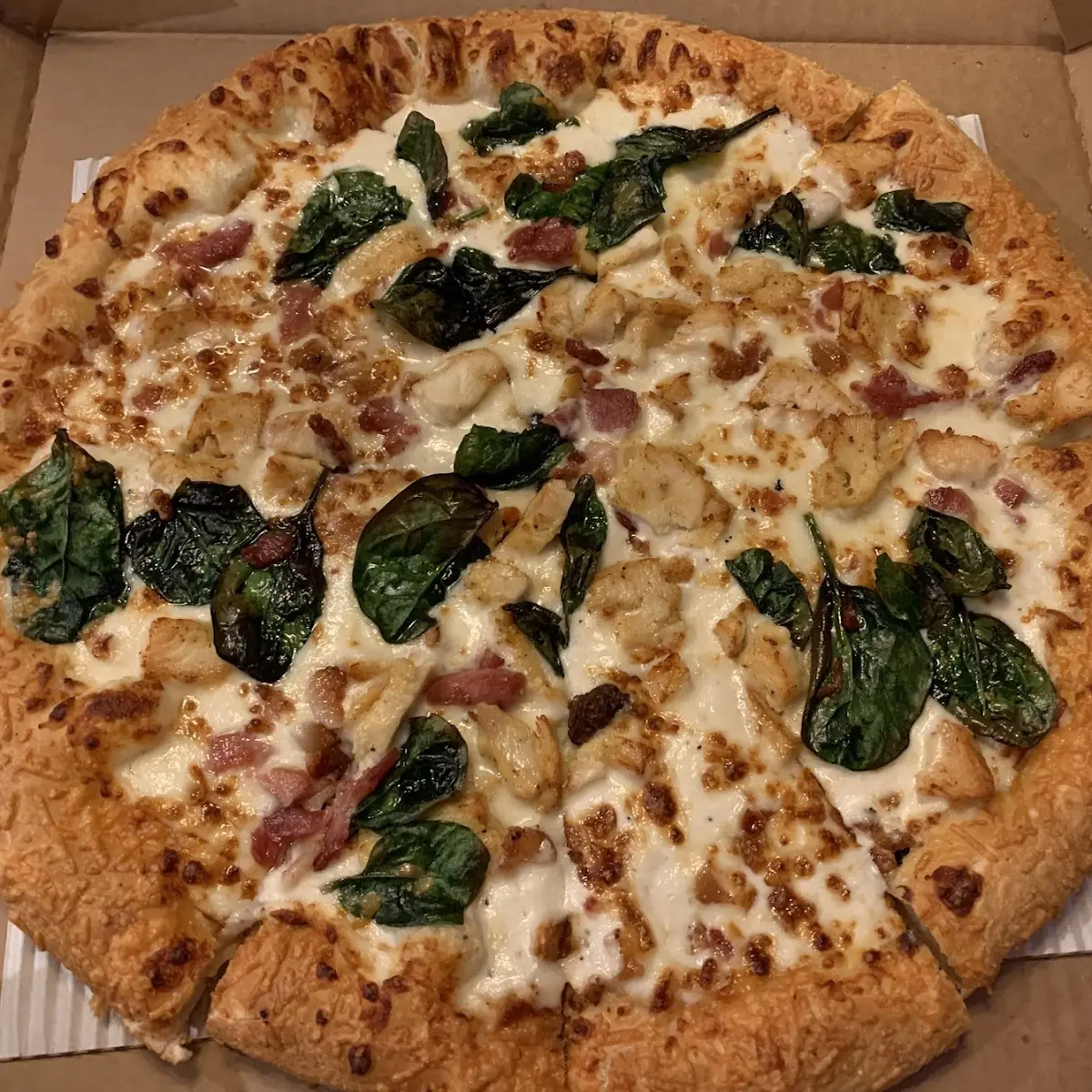 Chicken Bacon Spinach Garlic Parmesan Pizza