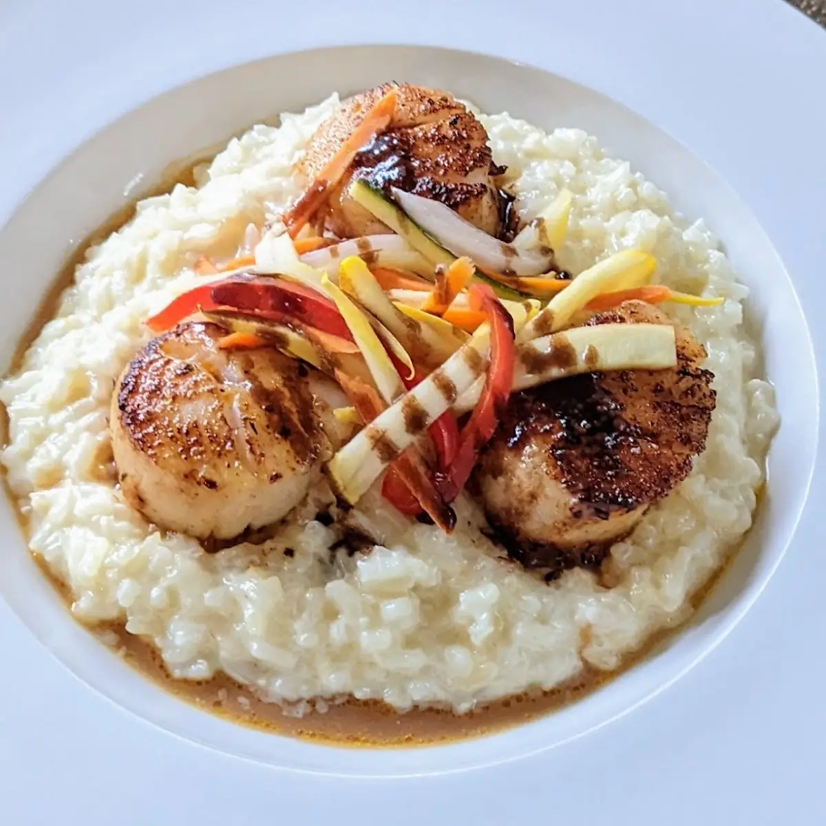 Seared Scallops over Lime Risotto and Vegetables