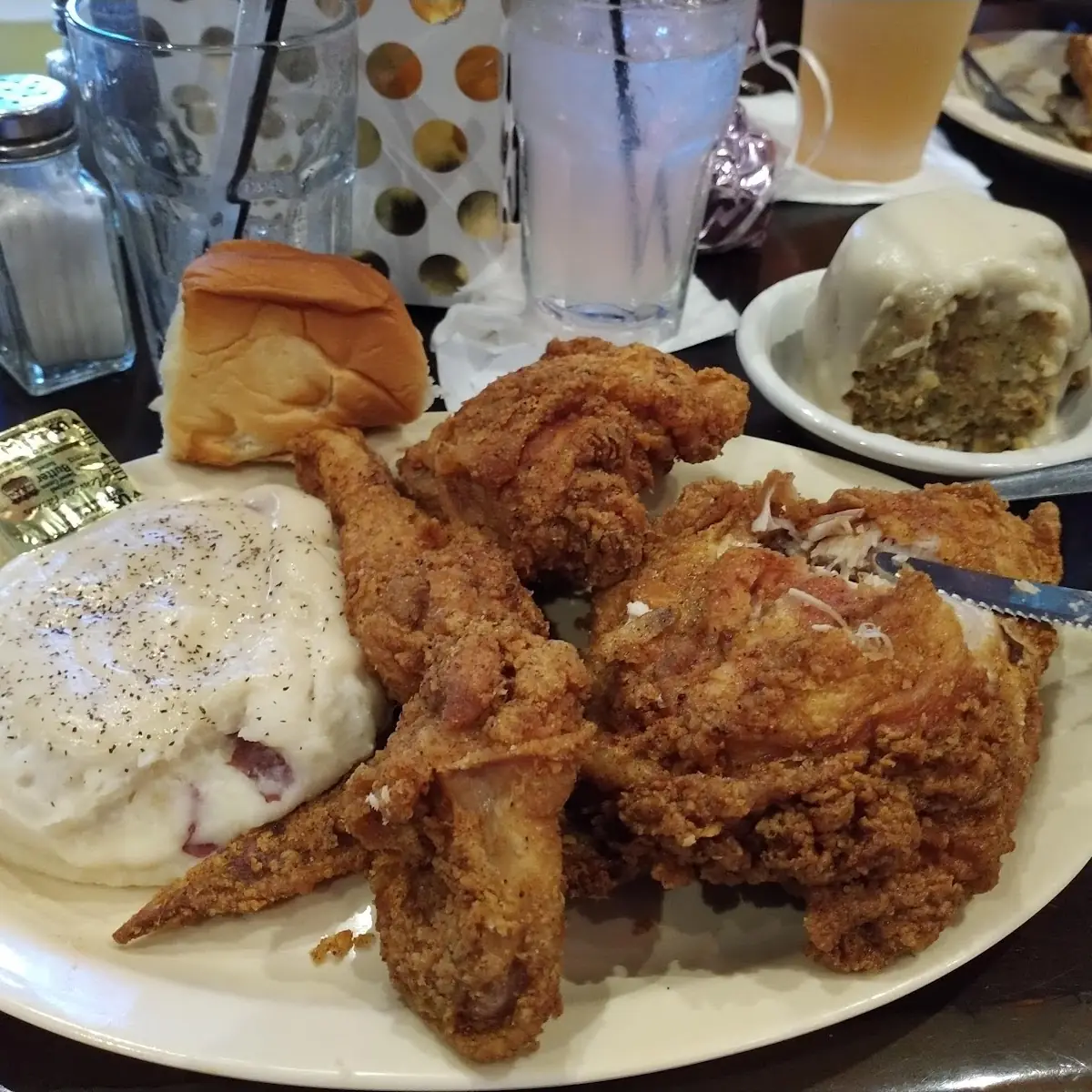 Fried Chicken Mashed with Gravy and Cornbread Stuffing