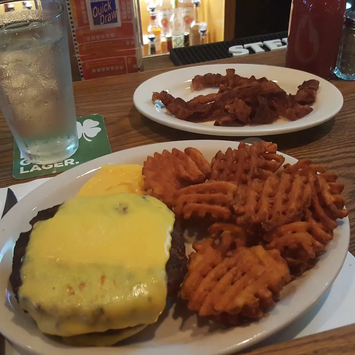 Double Cheeseburger with Waffle Fries Bacon on the Side